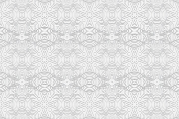 3D volumetric convex embossed geometric white background. Ethnic ornament. Pattern based on oriental motives. Artistic fashionable style handmade.Vector graphics for wallpaper, business cards.