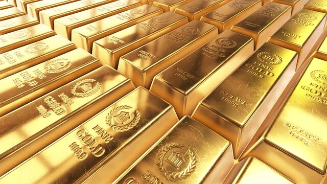Realistic gold ingots animation with effective lighting abstract background for finance 4K stock seamless video