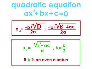 vector illustration depicting formulas for solving the quadratic equation for prints on posters, teaching aids, visual materials, and also for decorating classrooms