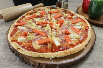 Homemade Pizza with Crab Stick and Tomato Sauce