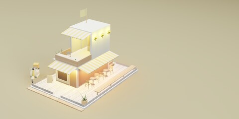 Naklejka premium coffee shop model restaurant model and delivery services cartoon images 3D illustrations