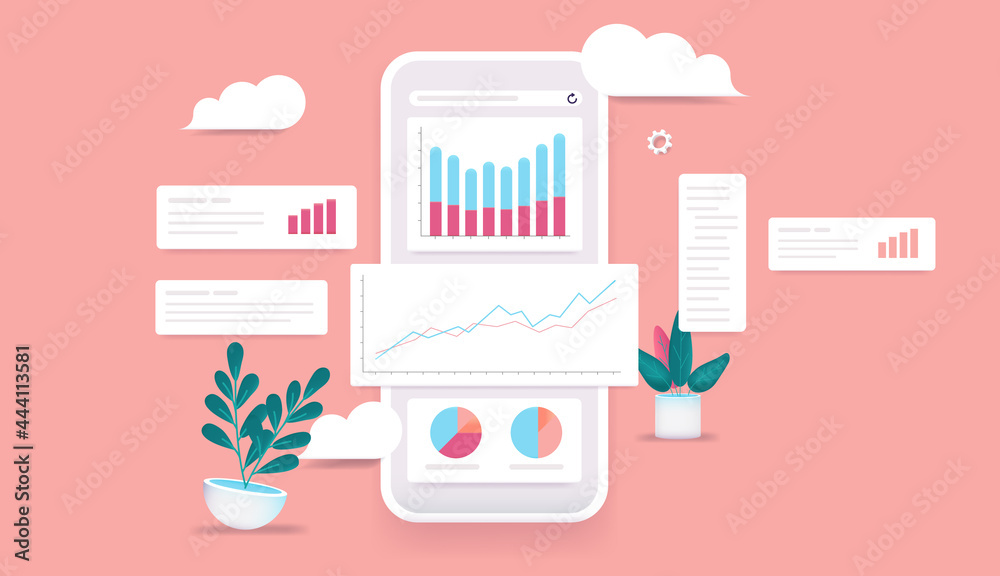 Fototapete Data analysis on smartphone app - Phone screen with chart, graph and diagrams showing financial figures. Professional vector illustration.