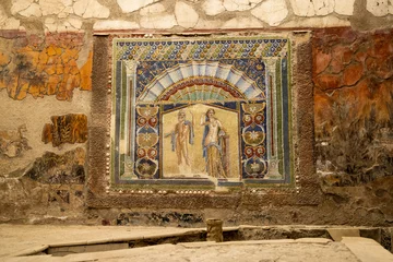 Keuken spatwand met foto A Roman mosaic on a wall in the House of Neptune and Amphitrite. Ruins of ancient roman town Ercolano - Herculaneum, destroyed by the eruption of the Mount Vesuvius, Vesuvio volcano. Italy © boumenjapet
