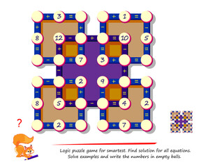 Math logic puzzle game for smartest. Find solution for all equations. Solve examples and write numbers in empty balls. Page for brain teaser book. Play online. Exercises on addition and subtraction. - obrazy, fototapety, plakaty