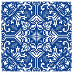 Azulejos - Portuguese tiles blue watercolor pattern. Traditional tribal ornament. Capri Maiolica