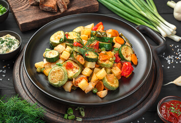 Baked vegetables in a black plate on the background of fresh herbs and sauces.