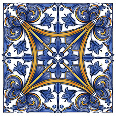 Azulejos Portuguese Dutch tile in shades of blue and yellow colors pattern. Baroque tiles. Vector Baroque. Rococo