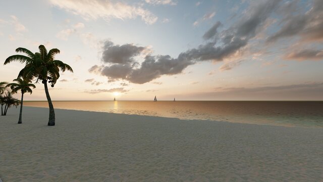 Seascape background colorful sunset by the ocean 3d render