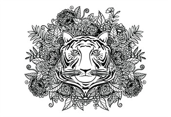 Vector illustration of line drawn tiger face in flowers and herbs. Background for the new 2022 year of the tiger on the Chinese calendar. Printable texture for coloring book for adults.