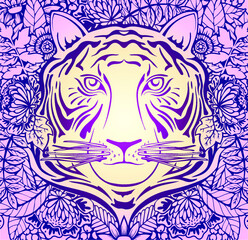 Vector illustration of line drawn tiger face in flowers and herbs. Background for the new 2022 year of the tiger on the Chinese calendar. Texture for printing on fabrics and paper