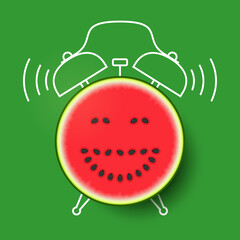 Watermelon with happy funny smiling face and silhouette of alarm clock