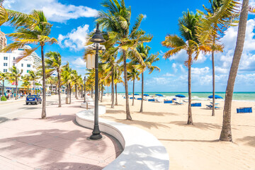 Fototapeta Seafront beach promenade with palm trees on a sunny day in Fort Lauderdale obraz