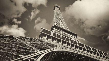 Paris. Wonderful upward view of Eiffel Tower at sunset. La Tour Eiffel