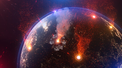 world with fire and explosion, 3d rendering,