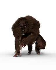3D illustration of a werewolf squatting and leaning on one hand isolated on white.