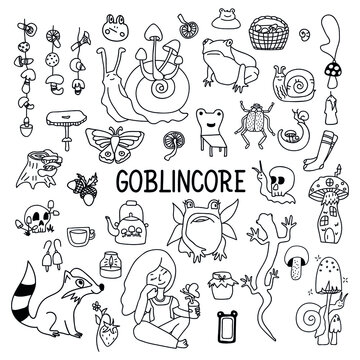 Big set of goblincore doodle with snail, strawberry, frog, girl, teapot, mushroom. Vector cottagecore illustrations on white background.