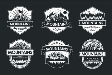 Vintage logo badge set adventure and outdoor mountains for sticker, hat, t-shirt, poster design - obrazy, fototapety, plakaty