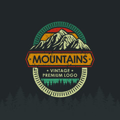 Retro Vintage logo badge adventure and outdoor mountains for sticker, t-shirt, hat, poster design 