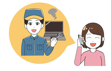 パソコンの故障　業者に電話　笑顔の女性