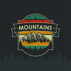 Retro Vintage logo badge adventure and outdoor mountains for sticker, t-shirt, hat, poster design 