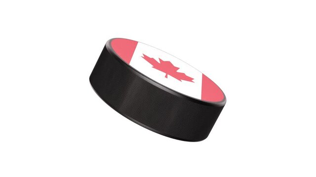 Realistic looping 3D animation of the national flag of Canada ice hockey puck rendered in UHD with alpha matte