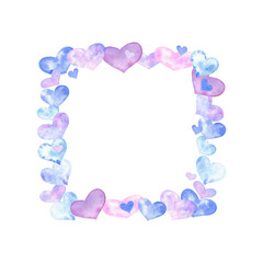 Cute square frame of blue and pink hearts, painted in light watercolor, on white isolated background. For cards, invitations, romantic moments and St. Valentine's Day. 