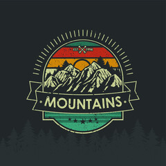 Retro Vintage logo badge adventure and outdoor mountains for sticker, t-shirt, hat, poster design 