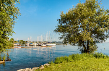 Small tourist port Sasso Moro on Lake Maggiore, Leggiuno, Lombardy, Italy