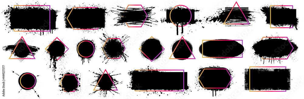 Poster Compositions are blots, paint brushstrokes, grunge with a frame, text boxes in geometric frames with text and titles. Dirty design elements, speech template in quotation marks. Illustration of shapes
