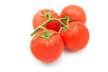 Fresh ripe organic tomatoes on a branch in water drops isolated on a white background.