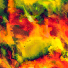 Handmade watercolor with yellow, red and green splash reggae colors. Party Vintage Tie Dye Effect. Rastafari Culture Colors