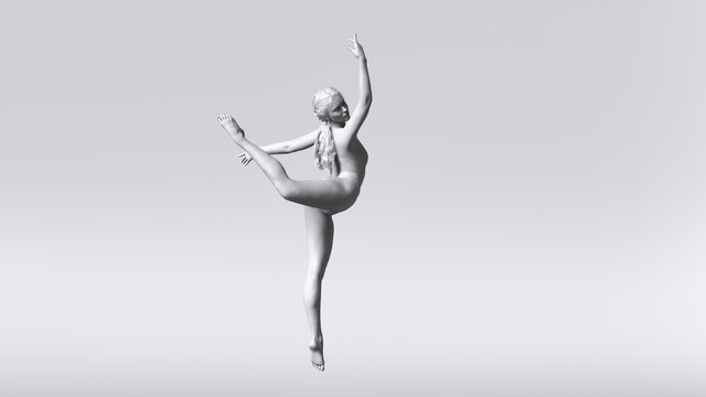 3D illustration of a white female figure in a ballet pose against a bright background