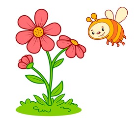 Cute bee cartoon. Bee and flower clipart vector illustration