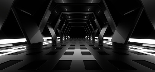 A dark tunnel lit by white neon lights. Reflections on the floor and walls. 3d rendering image.