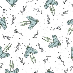 Vector seamless pattern with butterflies, flowers, and leaves