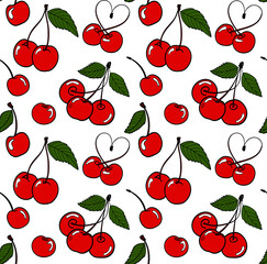 Sweet red cherries. Seamless pattern with berries on the white background.