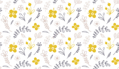 Cute seamless pattern with simple flowers on the white background. 