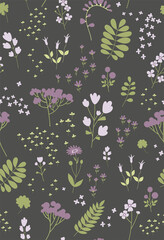 Cute pattern in small flowers. Floral seamless pattern. Garden flowers, plants and leaves. Folk style. Hand drawn vector stock illustration.