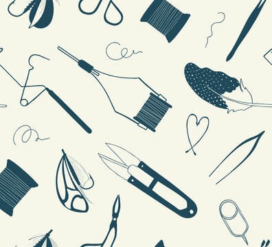 Fly fishing tools. Seamles pattern with fishing tackle. 