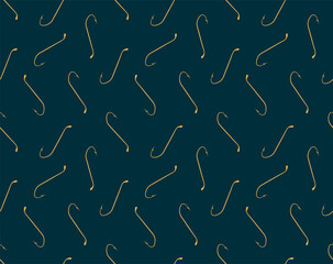 Gold fishing hooks on the dark background. Seamless pattern. Handdrawn vector stock background. Isolated texture for your design.