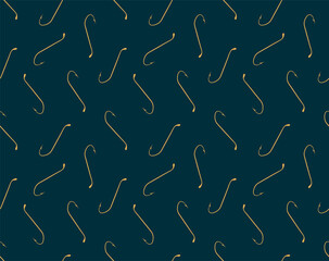 Gold fishing hooks on the dark background. Seamless pattern. Handdrawn vector stock background. Isolated texture for your design.
