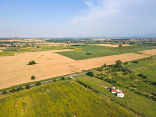 Fototapeta na wymiar Aerial view sunflower field near village of Boshulya, Bulgaria