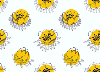 Yellow poppies. Floral seamless pattern with spots. Handdrawn vector stock illustration.
