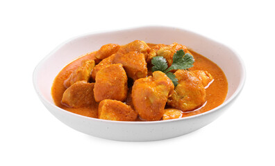 Bowl of delicious chicken curry on white background