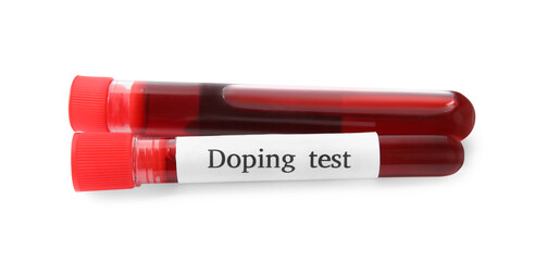 Tubes of blood with words Doping test on white background