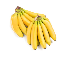Fototapeta na wymiar Bunches of ripe baby bananas on white background