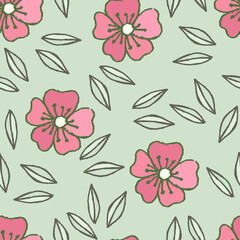 Seamless background with pink flower doodles, mint background. Luxury pattern for creating textiles, scrapbook, wallpaper, paper. Vintage. Romantic floral Illustration