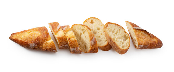 A sliced baguette placed on a white background.