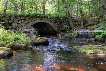 Fototapeta na wymiar old stone arched bridge in woods with brook stream