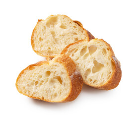 A sliced baguette placed on a white background.